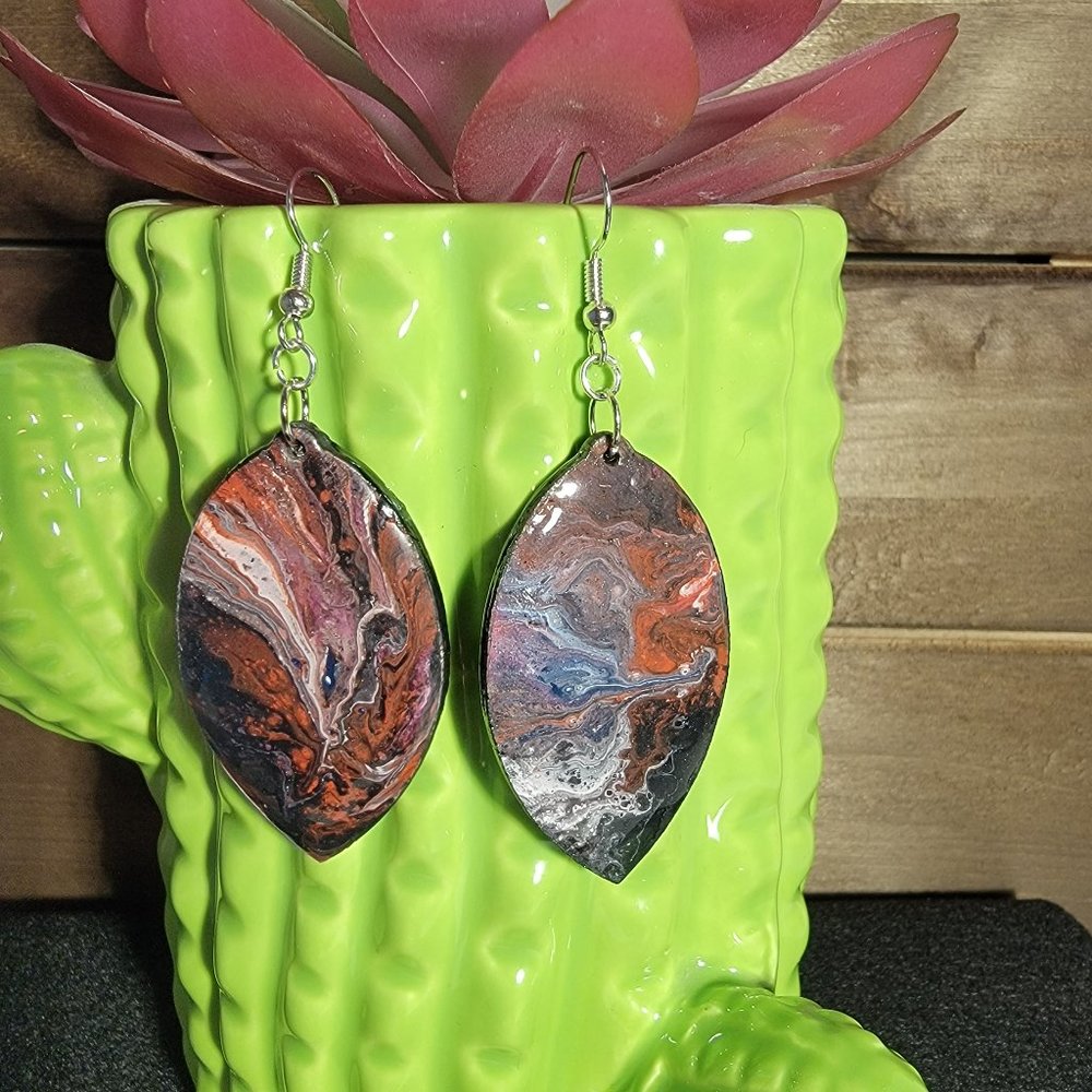 Leaf Shape Paint Pour Earrings - Lightweight Wearable Art